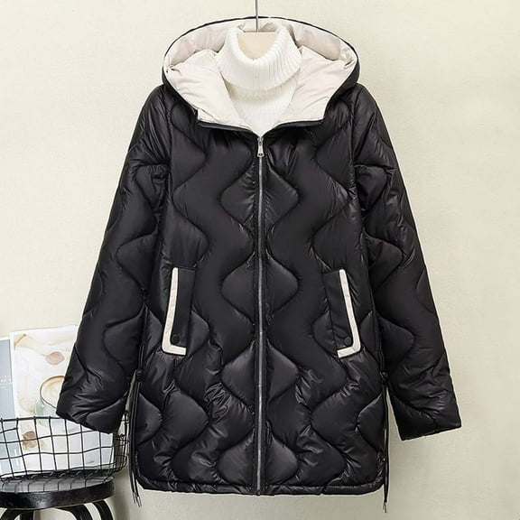 YUNAFFT Slim Fit Hooded Casual Cotton Jacket for Women Mid-Length Winter Warm Cozy Solid Color Outwear with Pockets