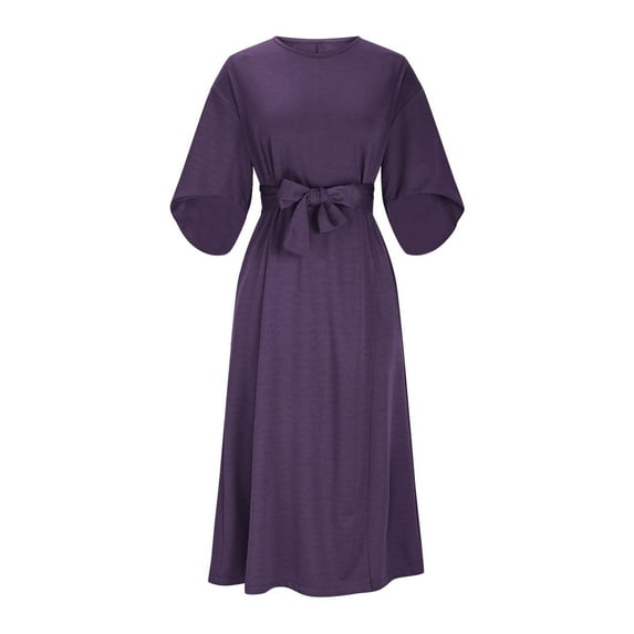 YUNAFFT Slim Fit Waist Defining Solid Color Dress for Women with Round Neck Long Batwing Sleeves Maxi Length