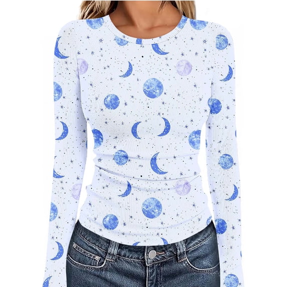 YUNAFFT Slimming Figure-Hugging Ribbed Knit Women's Top with Casual Round Neck Long Sleeve and Random All-Over Print for Everyday Wear