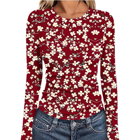 YUNAFFT Slimming Ribbed All-Over Print Top for Women with Elastic Round Neck Long Sleeve Bodycon Fit for Casual Wear