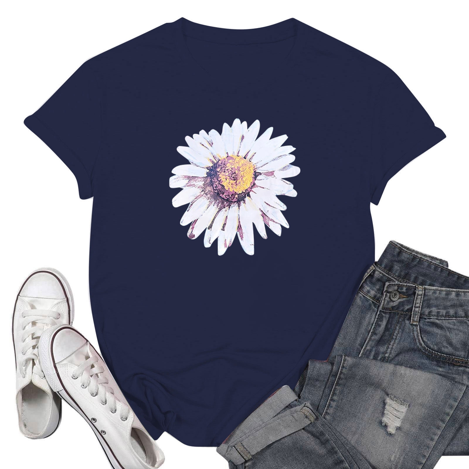 IUZSOKIL Womens Plus Size T Shirts Short Sleeve Sunflower V Neck Elbow