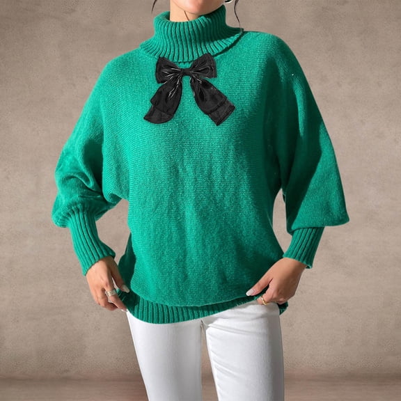 YUNAFFT Soft High Neck Bowknot Sweater Top for Women Long Sleeve Solid Color Casual Knitwear