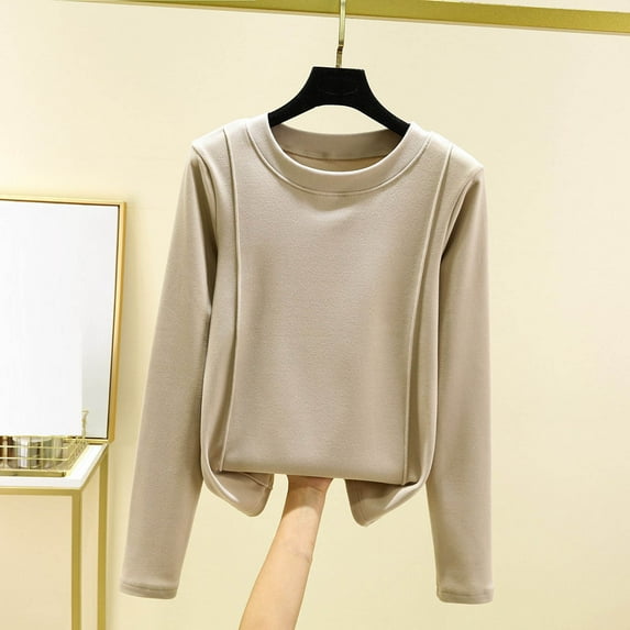 YUNAFFT Soft Solid Color Brushed Thermal Top with Round Neck and Long Sleeves for Women Warm Base Layer Home Wear