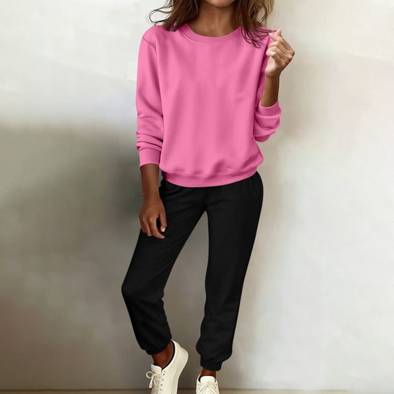 YUNAFFT Solid Color Cropped Sweatshirt and Sweatpants Set for Women with Soft Round Neck Long Sleeve Comfort Fit