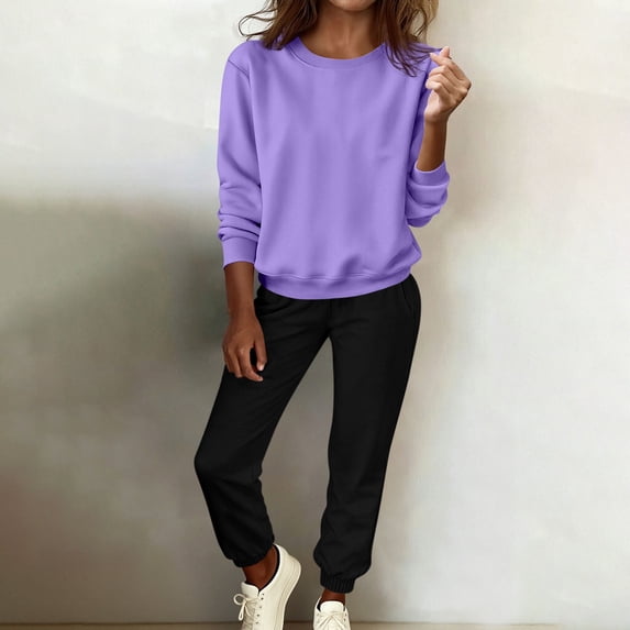 YUNAFFT Solid Color Cropped Sweatshirt and Sweatpants Set for Women with Soft Round Neck Long Sleeve Comfort Fit
