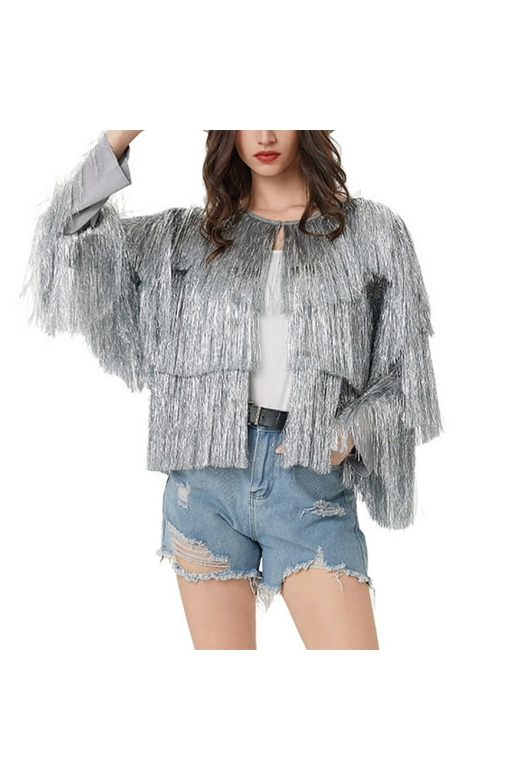 Sparkling Sequin Fringe Cardigan with Metallic Yarn Open Front Knit Cover for Women