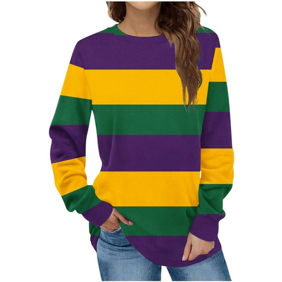 YUNAFFT St. Patrick's day Fashion Women's Casual Long Sleeve Round Neck Contrast Color Stripe Ladies Sweatshirt Tops Blouse