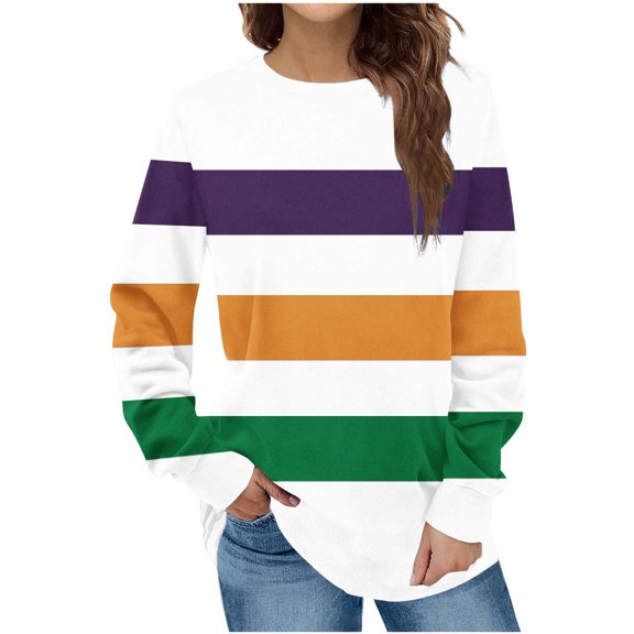 YUNAFFT St. Patrick's day Fashion Women's Casual Long Sleeve Round Neck Contrast Color Stripe Ladies Sweatshirt Tops Blouse