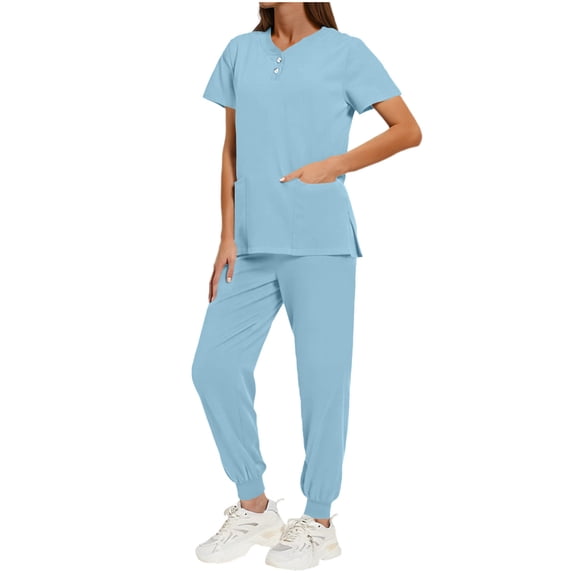 YUNAFFT Stretch Solid Color Scrubs Set for Women Loose Fit V-Neck Button Front Top with Side Pockets and Drawstring Ankle Pants