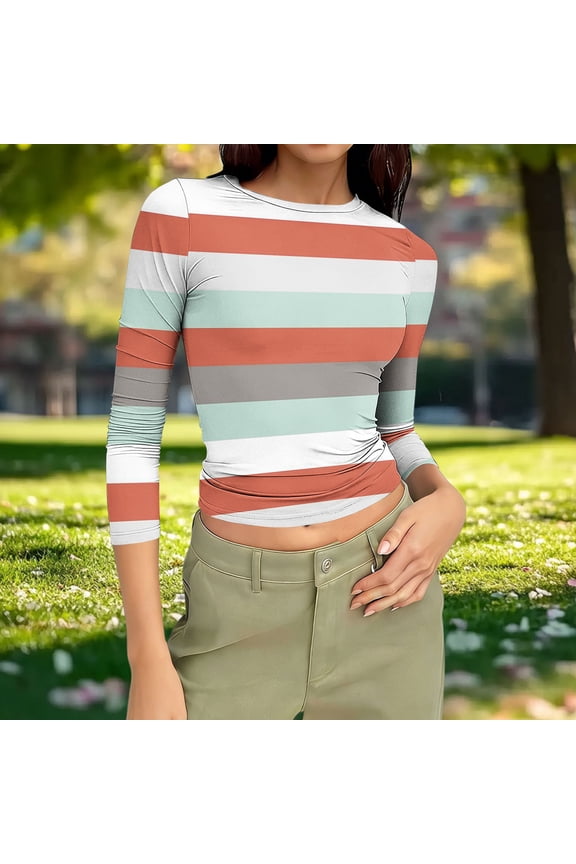 Stretchy Bodycon Tops for Women with Floral Print Crew Neck Three Quarter Sleeve Casual Blouse