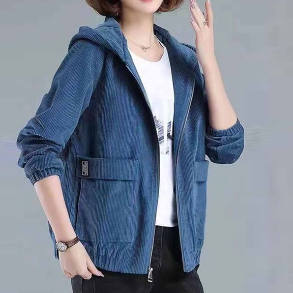YUNAFFT Stretchy Corduroy Hooded Jacket with Pockets for Women - Button Front Casual Long Sleeve Coat
