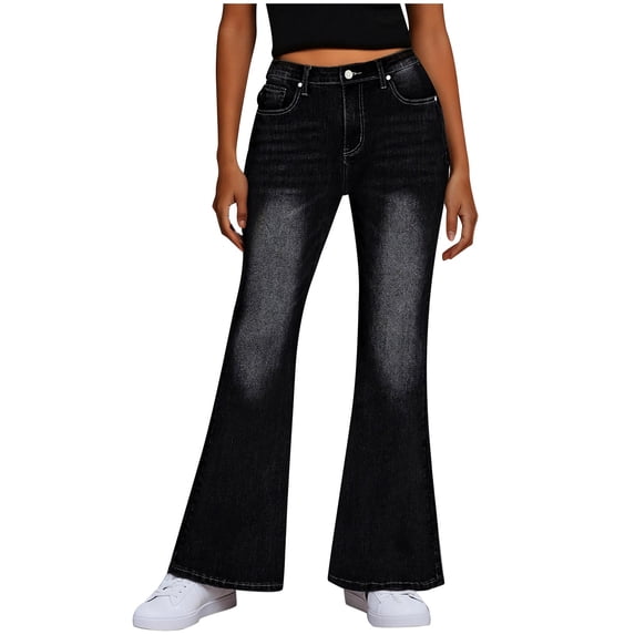 YUNAFFT Stretchy Flared Denim Pants for Women Black Washed Bootcut Jeans with Comfort Fit