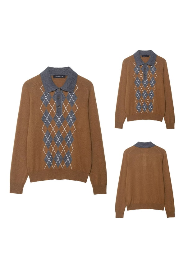 Stylish Notched Collar Diamond Pattern Knit Sweater for Women with Button Detail Casual Loose Fit Pullover