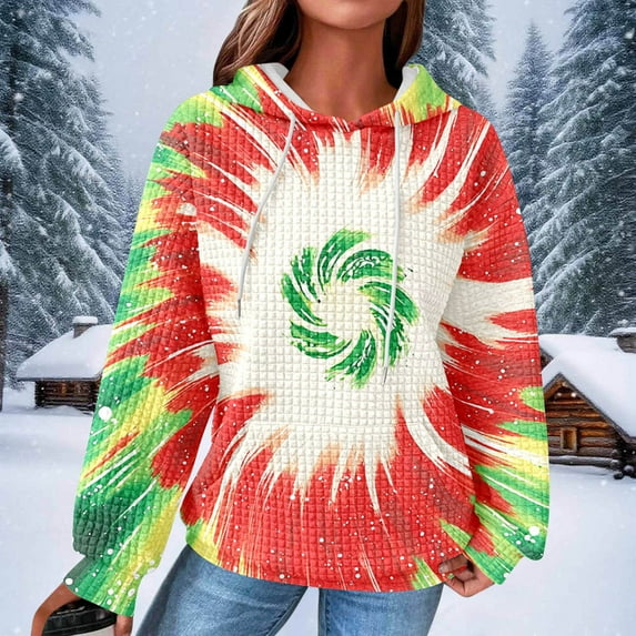 YUNAFFT Stylish Tie-Dye Print Hooded Sweatshirt with Pockets for Women