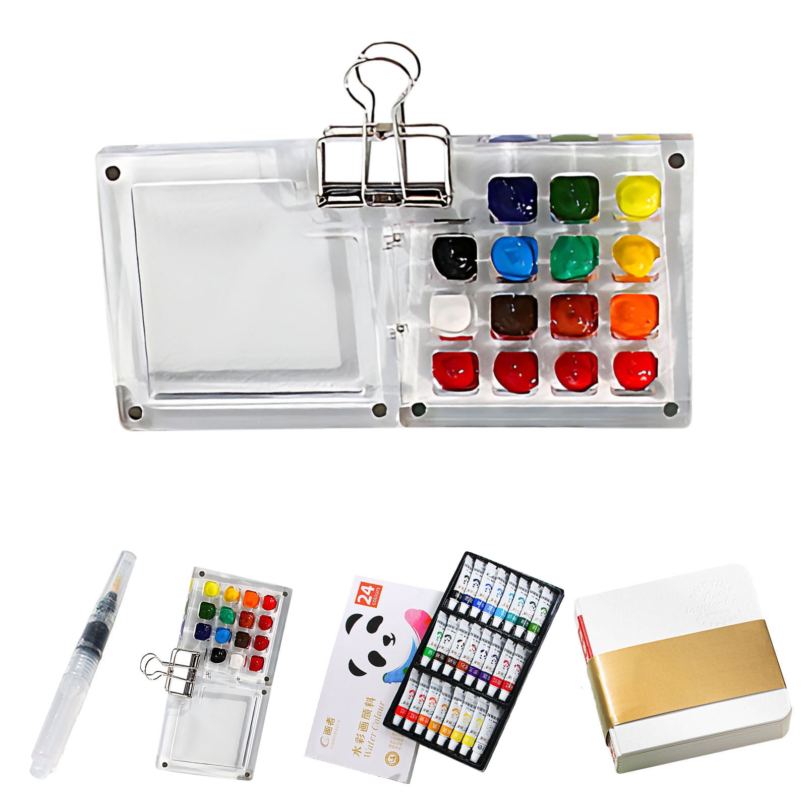 YUNAFFT Travel Paint Palette, Travel Ready Paint Palette Bundle, Mini Watercolor Set, Portable Wooden Mini Travel Paint Tray with Clip for Watercolor, Gouache, Acrylic Paint