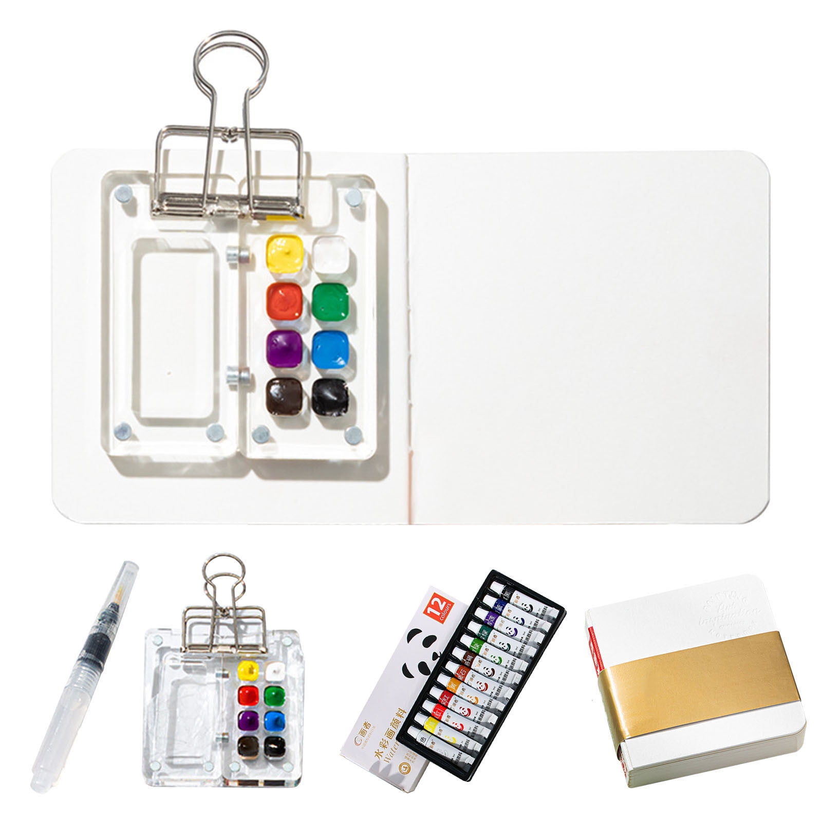YUNAFFT Travel Paint Palette, Travel Ready Paint Palette Bundle, Mini Watercolor Set, Portable Wooden Mini Travel Paint Tray with Clip for Watercolor, Gouache, Acrylic Paint