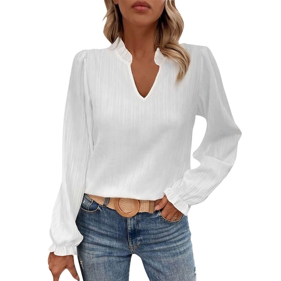 YUNAFFT V-Neck Solid Color Long Sleeve T-Shirt for Women Relaxed Fit Soft Breathable Casual Top Spring Everyday Wear