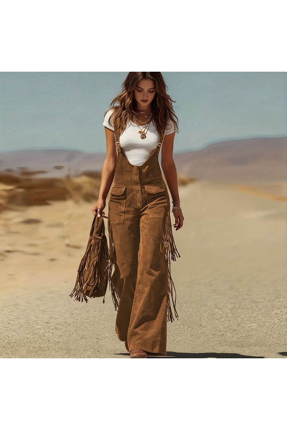 Vintage Suede-Look Fringe Wide Leg Jumpsuit with Adjustable Straps and Button Pockets for Women