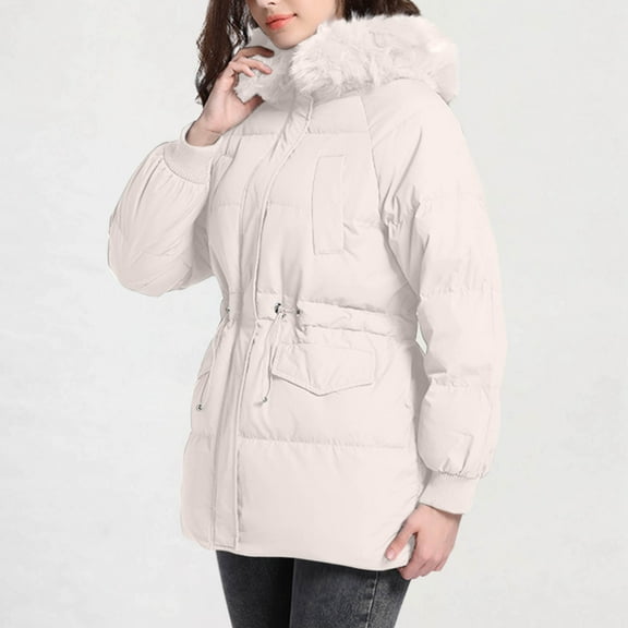 YUNAFFT Waist-Cinching Hooded Outwear with Pockets & Faux Fur Trim for Women | Mid-Length Casual Warm Jacket with Drawstring Design