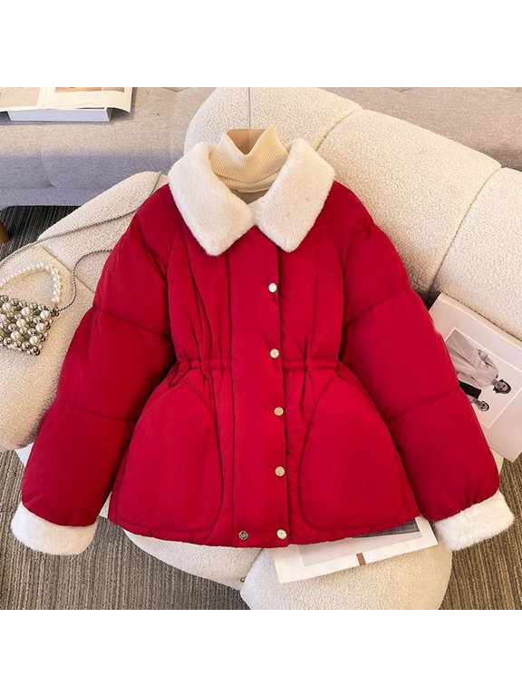 Waist-Defining Thickened Winter Coat with Flip Collar for Women