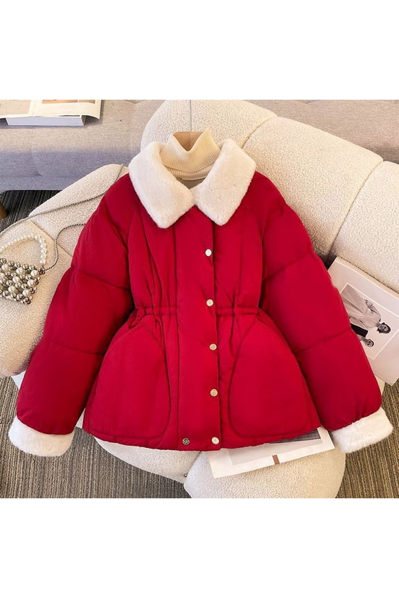 Waist-Defining Thickened Winter Coat with Flip Collar for Women