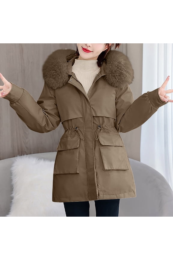 Warm Hooded Parka with Detachable Faux Fur Trim Waist Belt Pockets for Women