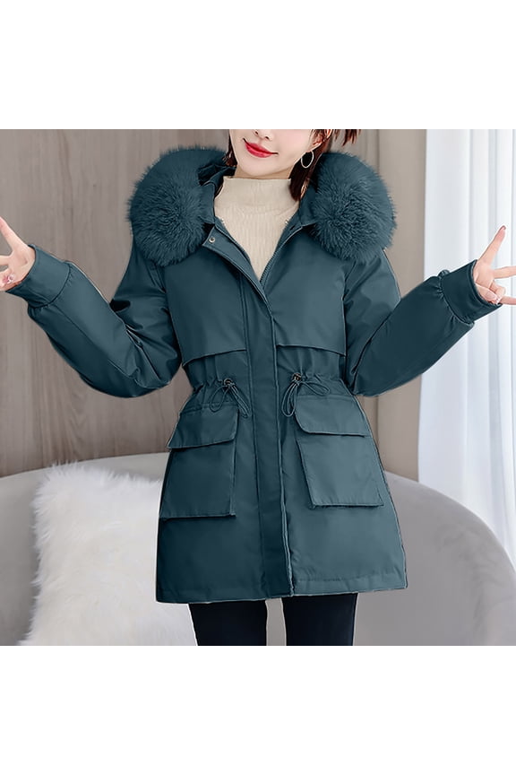 Warm Hooded Parka with Detachable Faux Fur Trim Waist Belt Pockets for Women