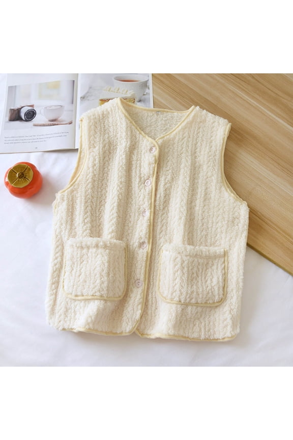 Warm Plush Fleece-Lined Solid Color Button Front Pocket Vest for Women Cozy Winter Home Loungewear Sleepwear
