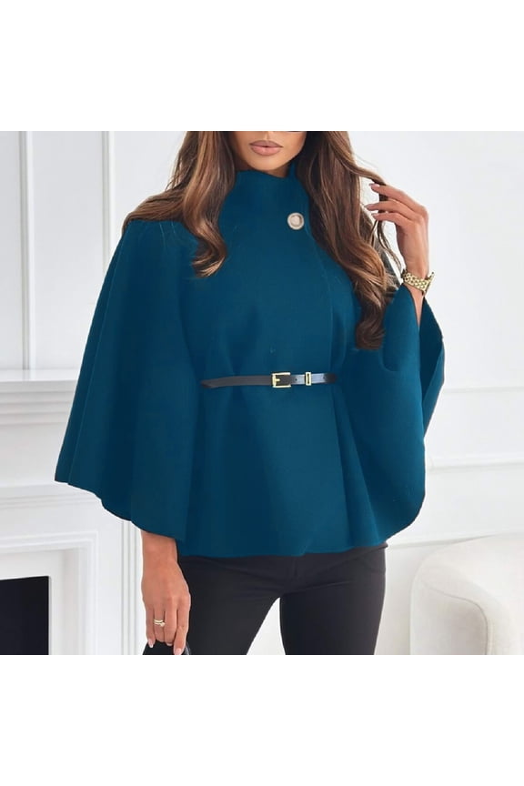 Warm & Stylish Belted Cape Coat with Long Sleeves Waist-Defining Casual Outerwear for Women
