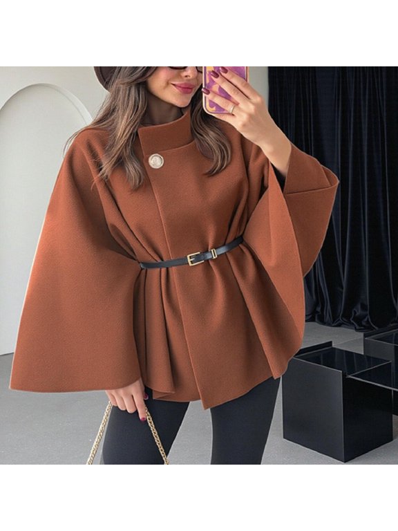 Warm & Stylish Belted Cape Coat with Long Sleeves Waist-Defining Casual Outerwear for Women