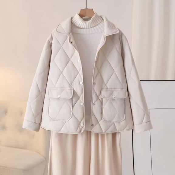 YUNAFFT Warm Windproof Stretchy Long Sleeve Parka with Pockets Stand Collar Button Front Plus Size Winter Coat for Women