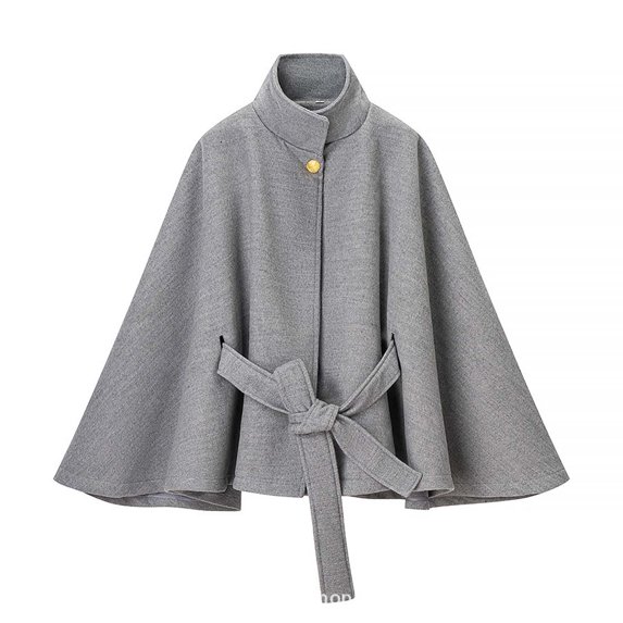 YUNAFFT Windproof Cape-Style Coat for Women with Stand Collar Bell Sleeves Waist Tie Belt Soft Warm Autumn Outerwear