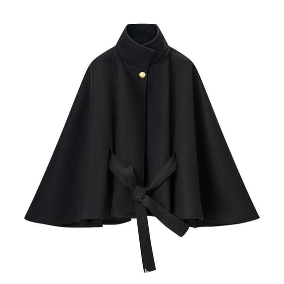 YUNAFFT Windproof Cape-Style Coat for Women with Stand Collar Bell Sleeves Waist Tie Belt Soft Warm Autumn Outerwear