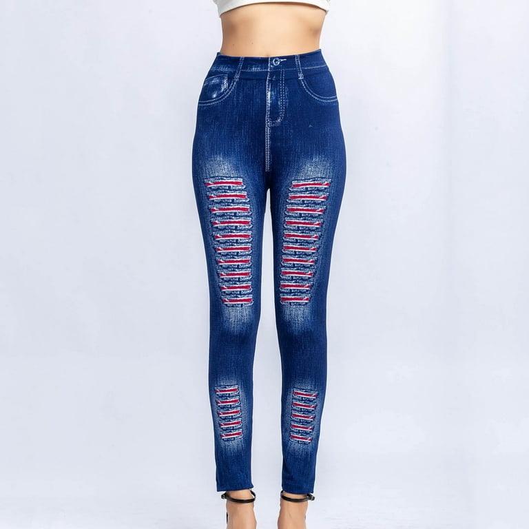YUNAFFT Women Casual Elastic Denim Imitation Leggings Print Waist Women\'s Fashion Pants High Hip Pants Long Ninth Slim Stripe