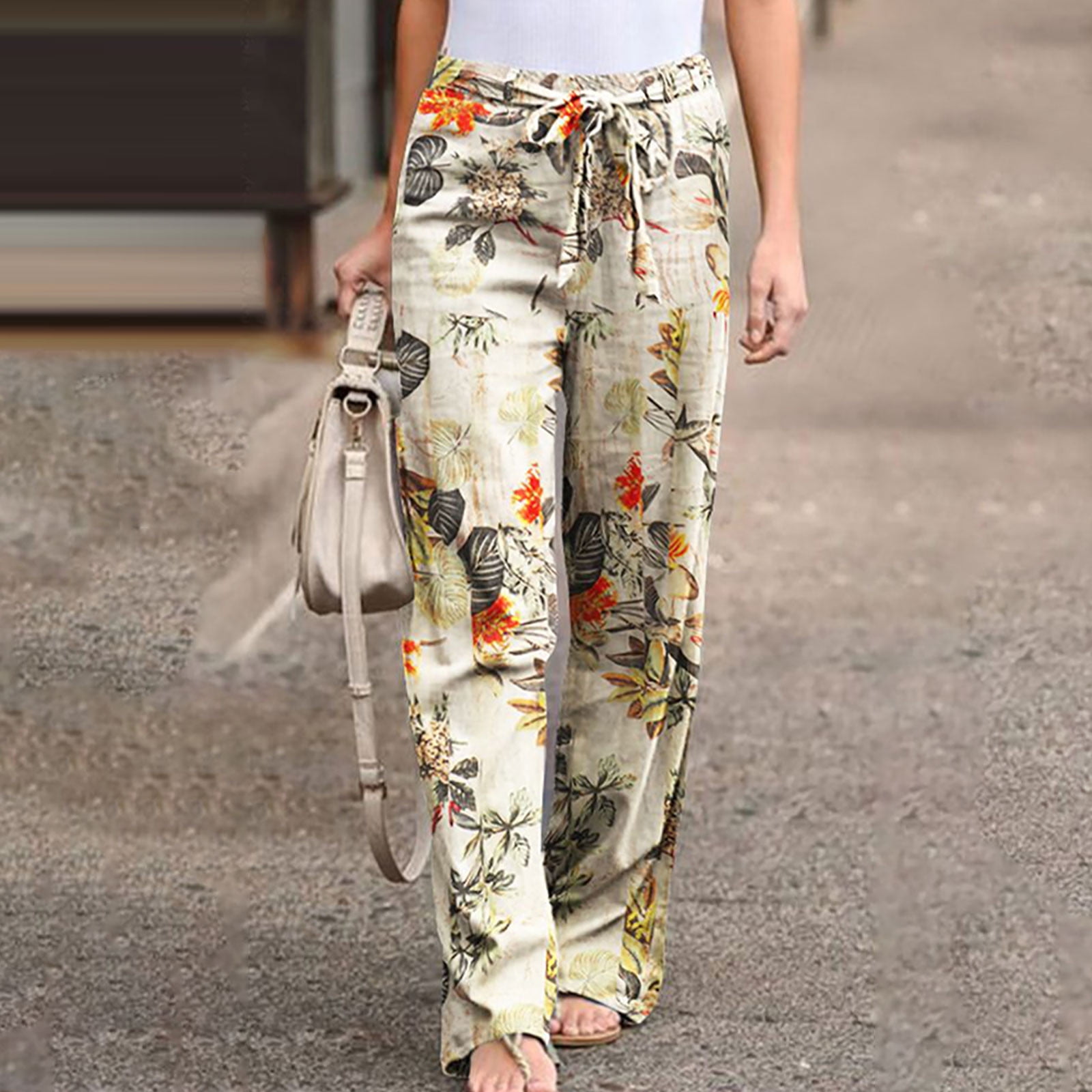 High-Waisted Wide Leg Pants with Floral Print and Tie Waist
