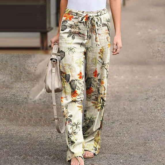 Babysbule Women High Waist Casual Wide Leg Long Pants Women High Waist Pants Vintage Print Stylish Floral Printing Waist Tie Wide-Leg Pants