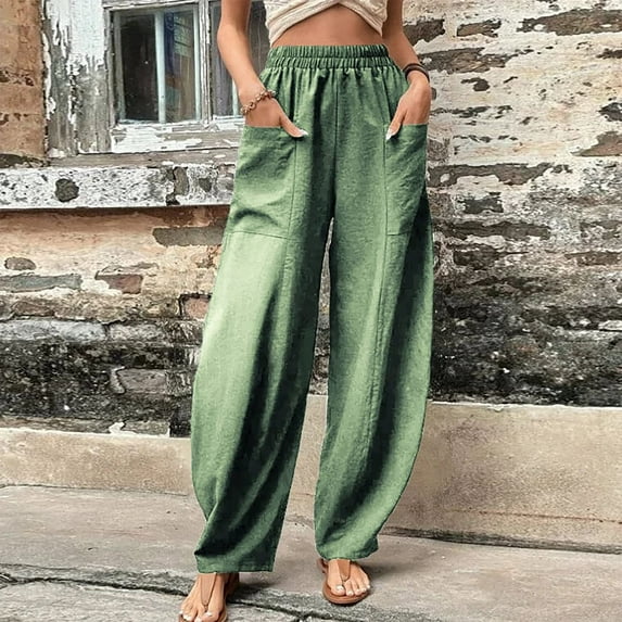 Babysbule Women High Waist Casual Wide Leg Long Pants Women's Casual Loose Baggy Pocket Pants Fashion Playsuit Trousers Overalls Cotton And Linen Pants