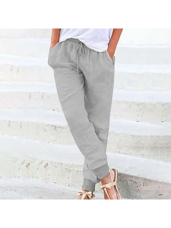 Women High Waist Casual Wide Leg Long Pants Womens Solid Color Tapered Pants Cotton Linen Drawstring Elastic Waist Pants Casual Trousers With Pocket