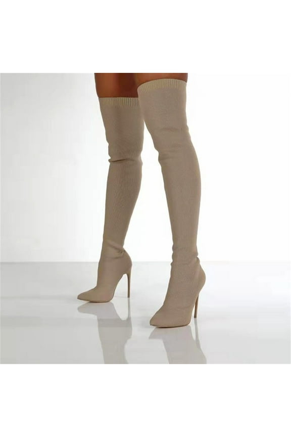 Women's Boot Fashion Autumn And Winter Heel Over The Knee Boots Flying Woven Stretch Wool Sleeve Fish Mouth Women's Boots