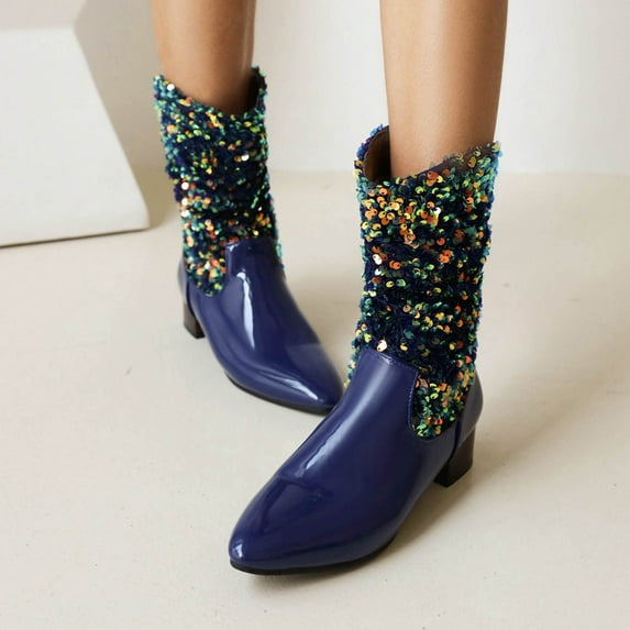 Babysbule Women's Boot Fashion Autumn And Winter Sequins Stitching Patent Leather Pointed Toe Boots Flat Boots