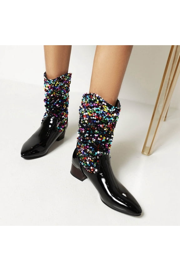 Women's Boot Fashion Autumn And Winter Sequins Stitching Patent Leather Pointed Toe Boots Flat Boots