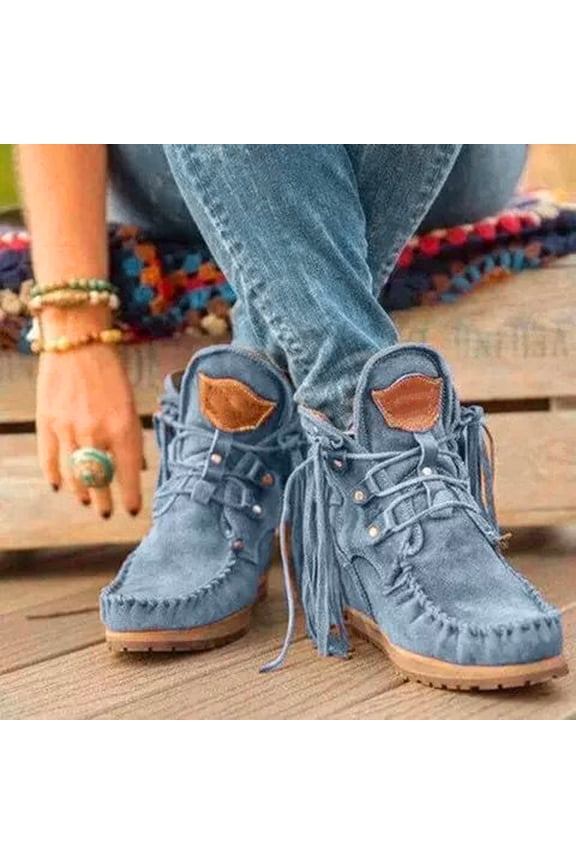 Women's Boot Fashion Fashion Flat Heel Round Toe Fringed Boots Lace-up Women's Short Boots Nude Boots