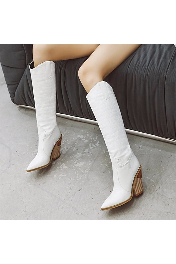 Women's Boot Fashion Fish Scales Pointed Toe High Boots Autumn And Winter Embossed Wood Grain Thick Heel High Heel Women's Boots