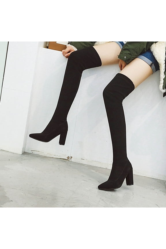 Women's Boot Fashion Stretch Knit Thick Heel Pointed Toe Women's Boots Are Thin Leopard Print Boots Over The Knee Long Boots