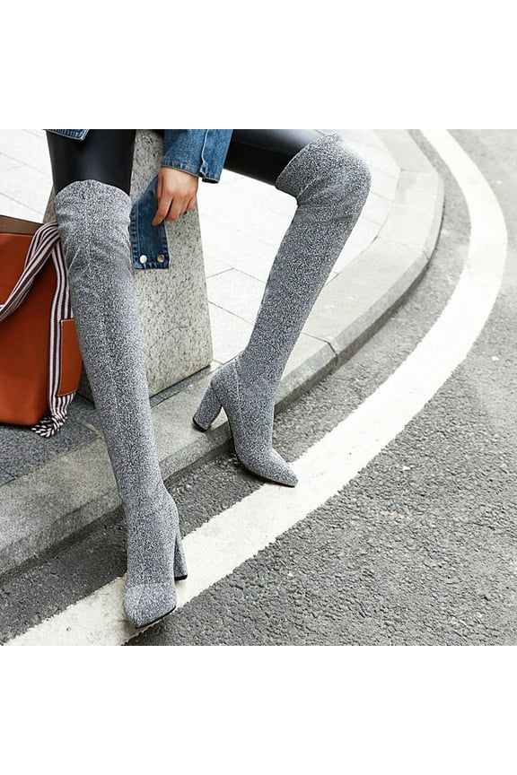 Women's Boot Fashion Stretch Knit Thick Heel Pointed Toe Women's Boots Are Thin Leopard Print Boots Over The Knee Long Boots