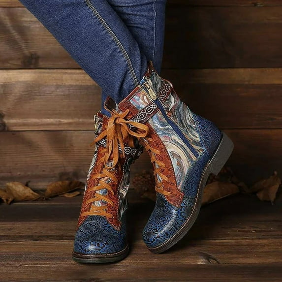 Babysbule Women's Boot Fashion Winter Women Flat Embroidered Ladies Lace Up Retro Zipper Short Bohemian Casual Ankle Boots