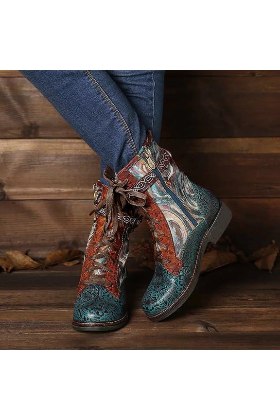 Women's Boot Fashion Winter Women Flat Embroidered Ladies Lace Up Retro Zipper Short Bohemian Casual Ankle Boots