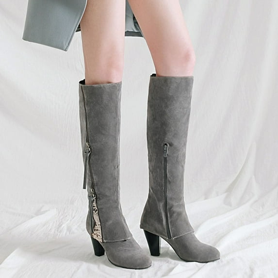Babysbule Women's Boot Fashion Women Boots Winter Square High Heel Knee-high Zip Pointed Toe Shoes Fleece Vamp Female Boots