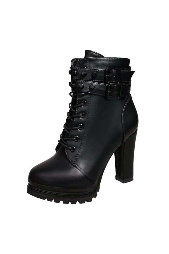 Women's Boot Fashion Women High Heel Shoes Martain Boot Leather Lace-Up Solid Color Round Toe Shoes