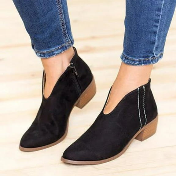 Babysbule Women's Boot Fashion Women Mid Heel Shoes Winter Warm Leopard Fashion Side Zipper Pointed Toe Casual Solid Color Ankle Boots